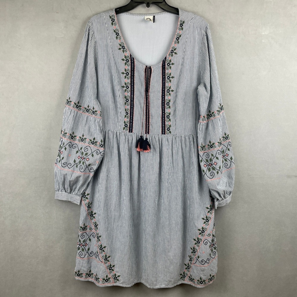Akemi + Kin Striped Embroidered Floral Boho Peasant Tunic Dress Blue White‎ 14